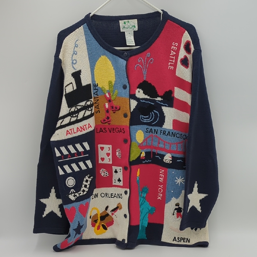 Vintage Quacker Factory US Cities Vacation Kitsch Cardigan Sweater Knit Heart 1X